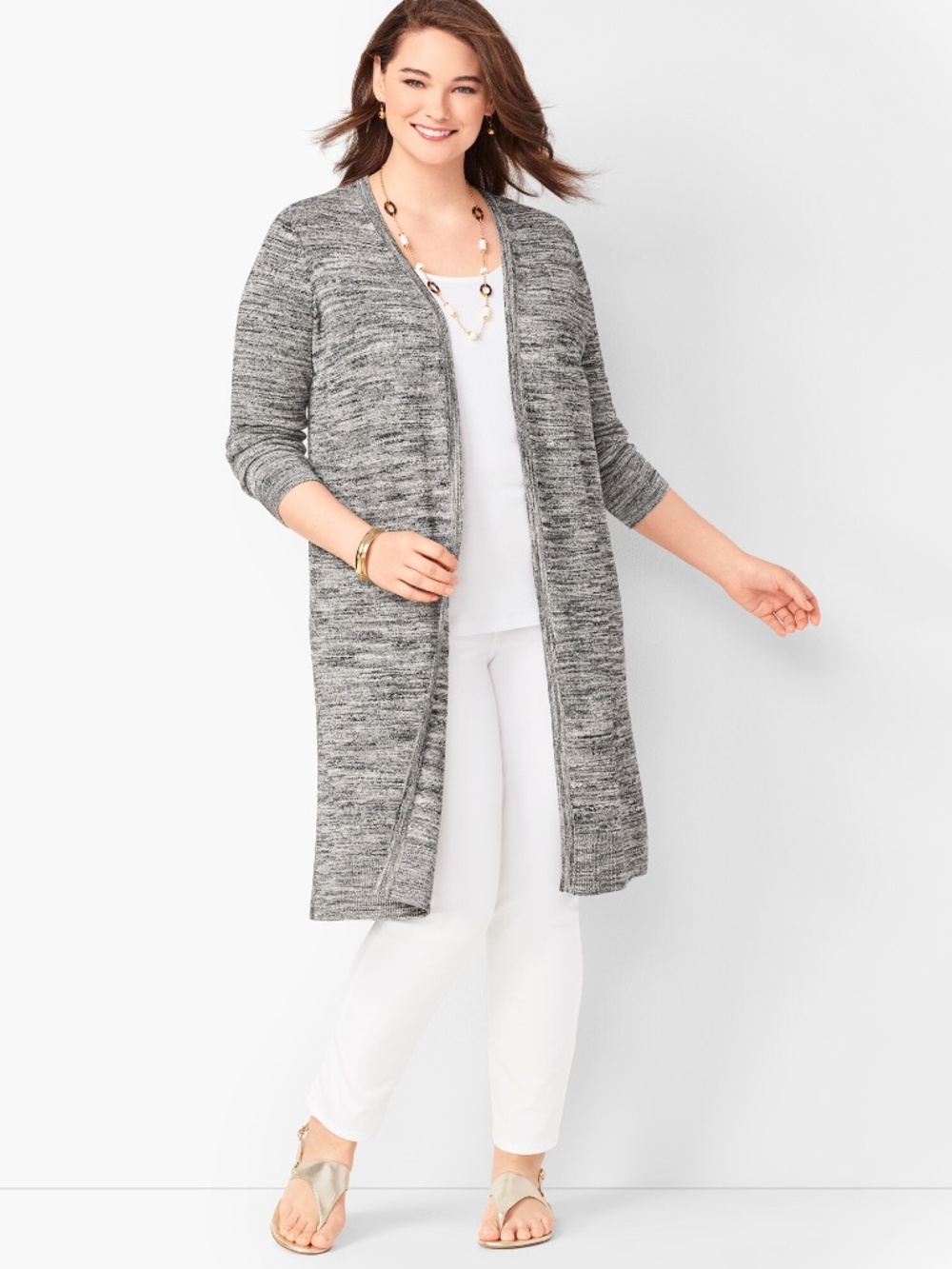 Talbots Marled Duster Cardigan Gray Knit 1XP Open Front